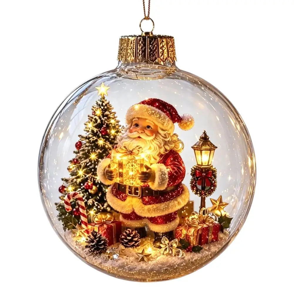 Eine festlich leuchtende Weihnachts-Globuszierkugel mit beleuchteter Glasfigur eines Weihnachtsmanns in Rot und Weiß, der leuchtende Geschenke hält, gestaltet als unzerbrechliche Feiertagsdekoration.