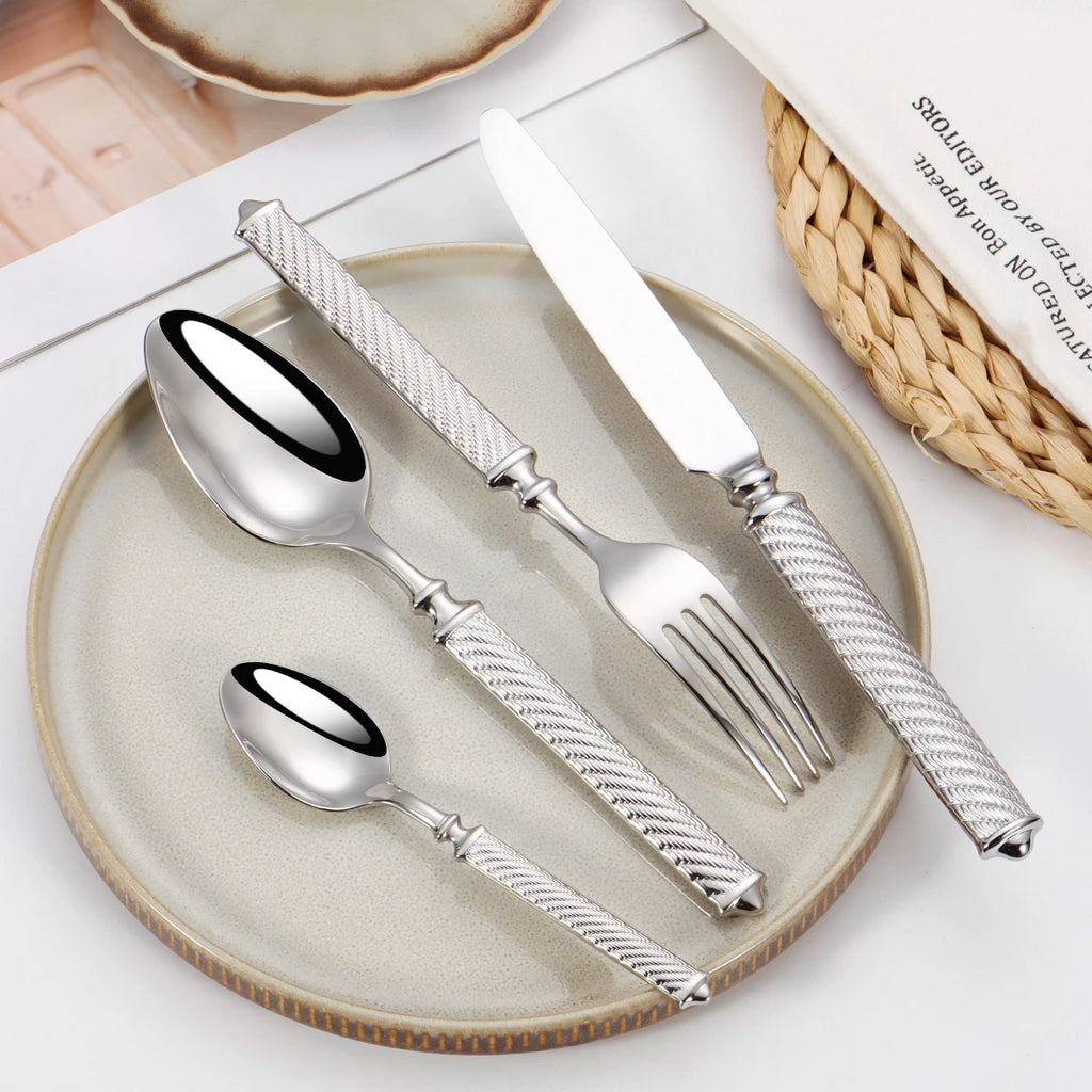 4/6/12/16/20Pcs Sliver Tableware Stainless Steel Cutlery Mirror Double Sided Pattern Handle Fork Mirror Western Gold Dinner Set