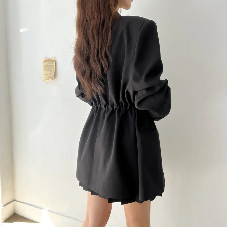 Casual Blazers Women Vintage Drawstring Waist Long Sleeve Outerwears Tailored Collar Coats Women Tops Office Lady Commuter Chic
