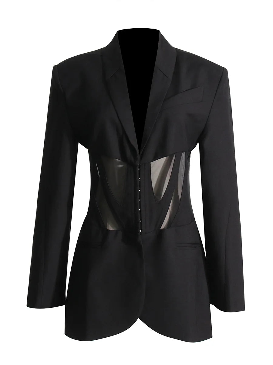 HOTCIAL Fashion Women Blazer Notched Collar Full Sleeve Hidden Breasted Lace Patchwork Waist Black Jacket Autumn 2025 New