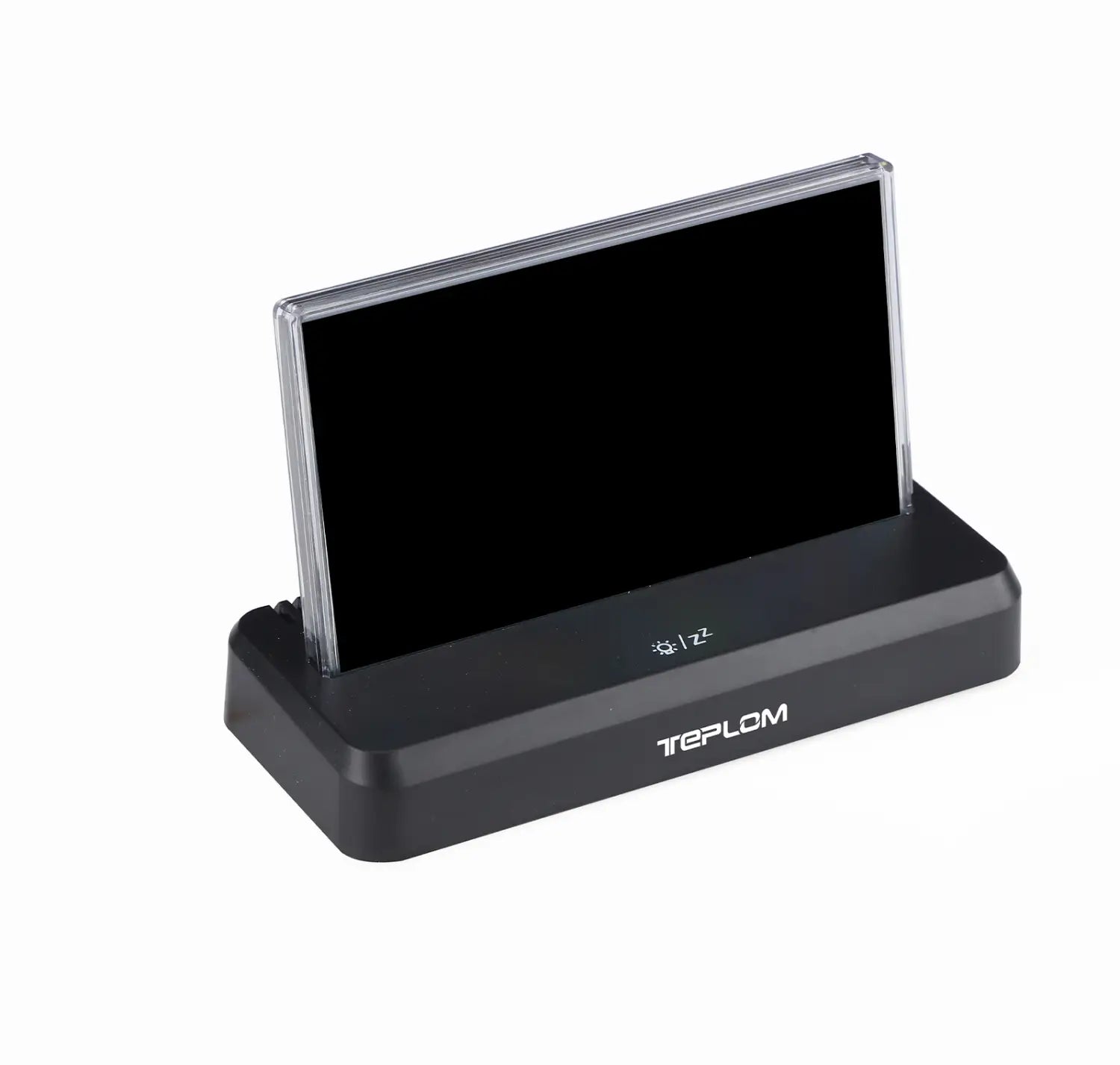 black teplom tablet stand with clear protective cover holding a black screen device for wireless weather station displaying indoor and outdoor temperature powered by lr6 aaa batteries