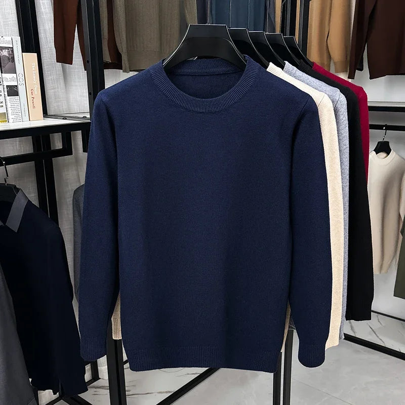 Soft Knit Men Crew Neck Long‑Sleeve Sweater Solid‑Color Plain Pullover Casual Business Basic Knitwear for Men