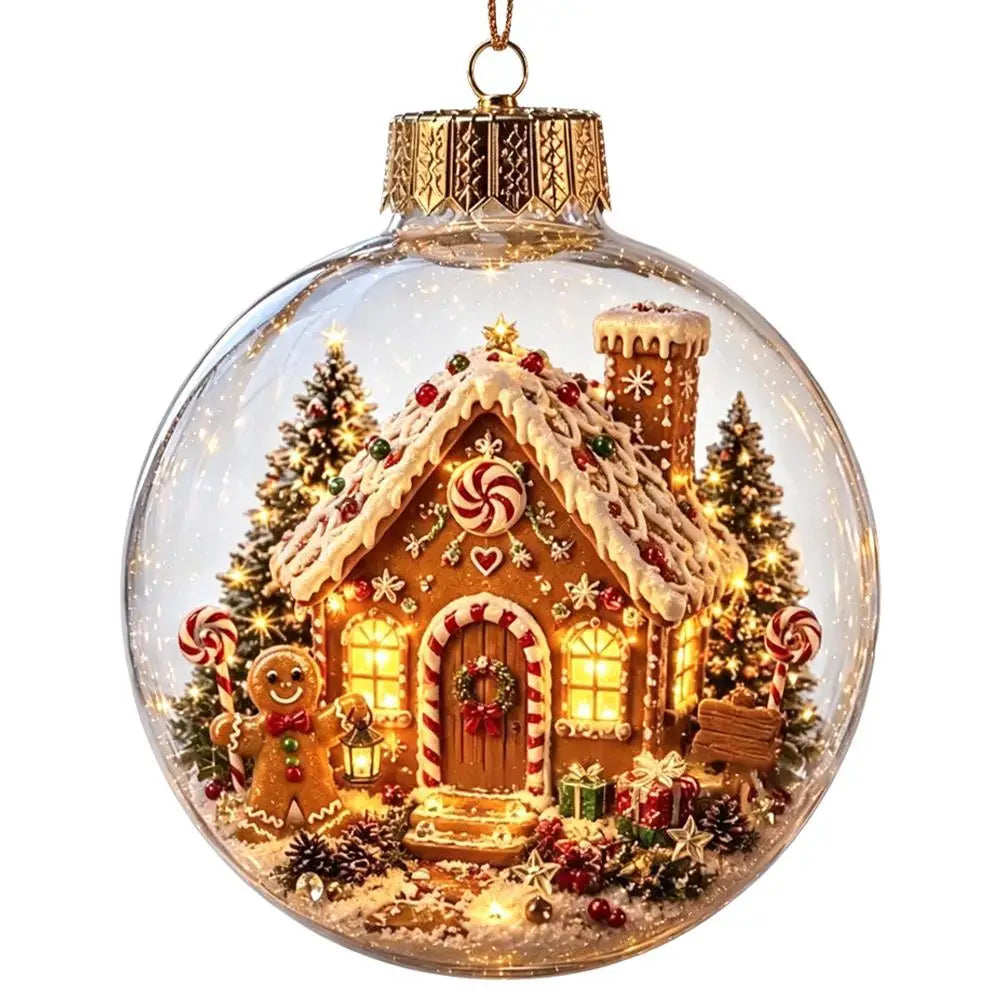 Eine festlich leuchtende Weihnachts-Globuszierkugel mit einer bruchsicheren klaren Glassphäre mit goldenem Deckel, aufwendigen Details eines Lebkuchenhauses, Akzenten in Form von Zuckerstangen und funkelnden Lichtern im Inneren.