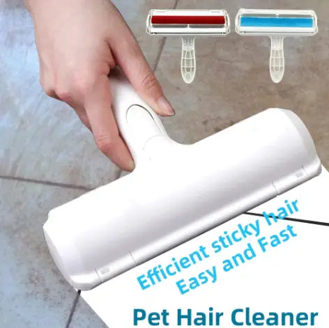 Rodillo removedor de pelo de mascotas de plástico blanco con un accesorio de rodillo adhesivo rojo y azul para muebles y alfombras.