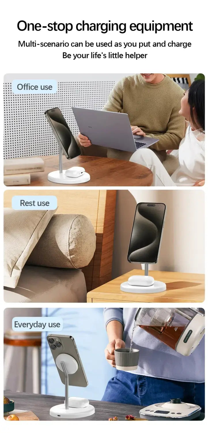 White magnetic wireless charger stand with a sleek minimalist design for versatile wireless charging and display of iPhone and AirPods in multiple settings