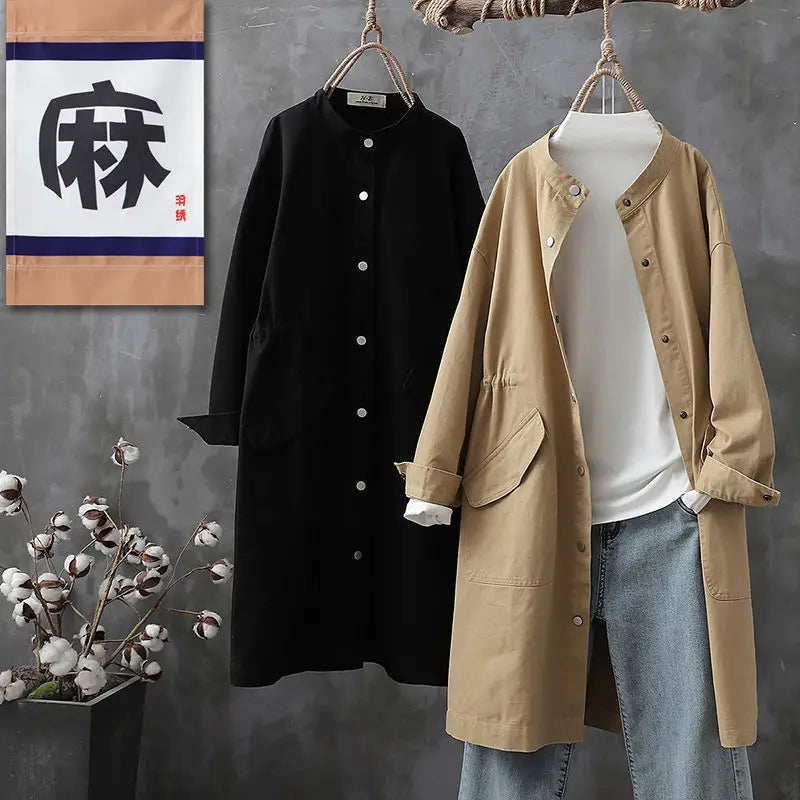 Long Trench Women Solid Round Neck Single Breasted Jackets Full Sleeve Casual Loose Pockets Coats Cardigan Lady Spring Autumn