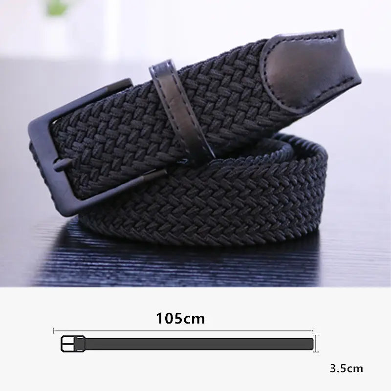 Ceinture tactique élastique en toile pour homme comportant une sangle élastique tissée noire, une boucle à épingle en plastique noir mat et des finitions en cuir.