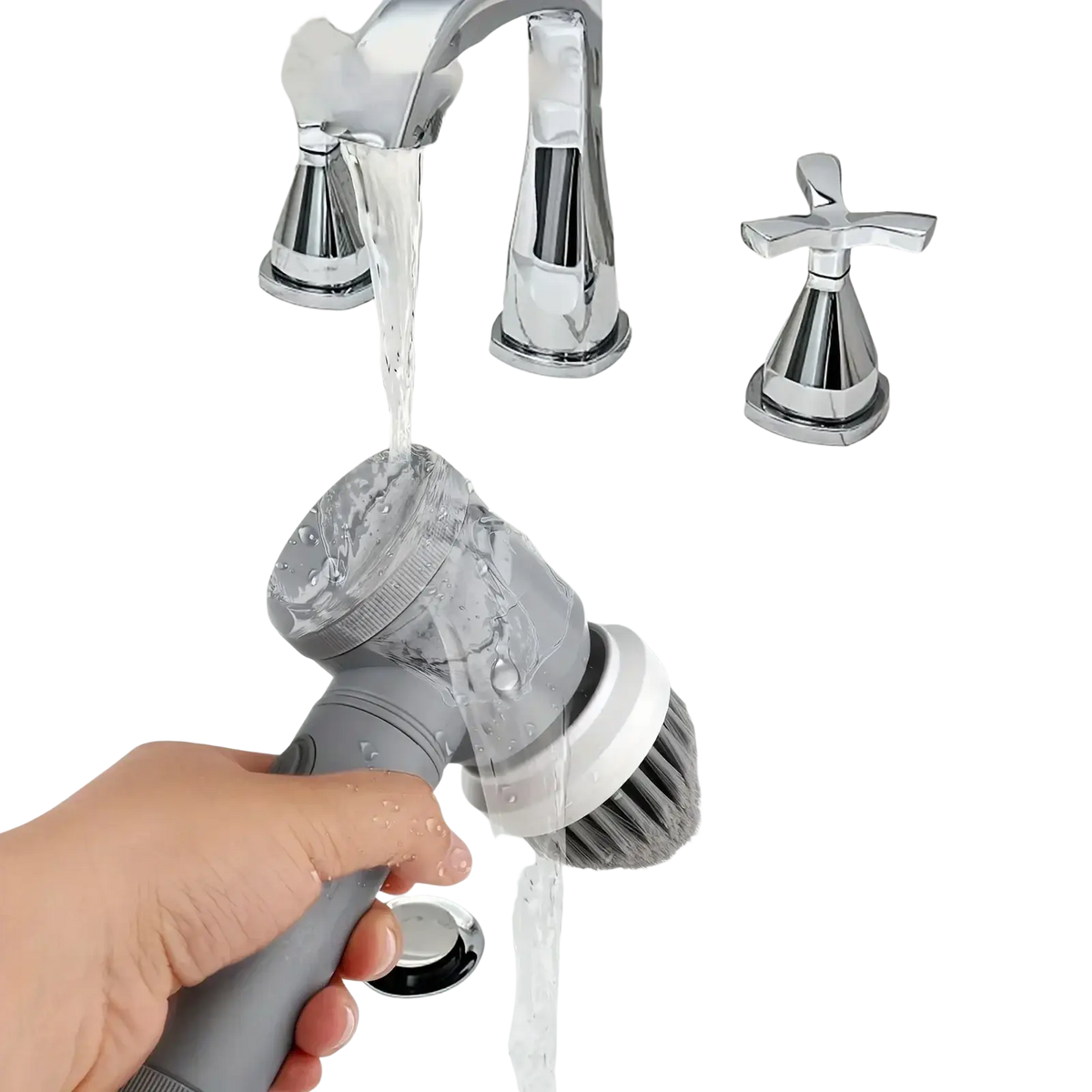 Gray and white cordless electric spin scrubber with bristles being rinsed under water for electric cleaning use
