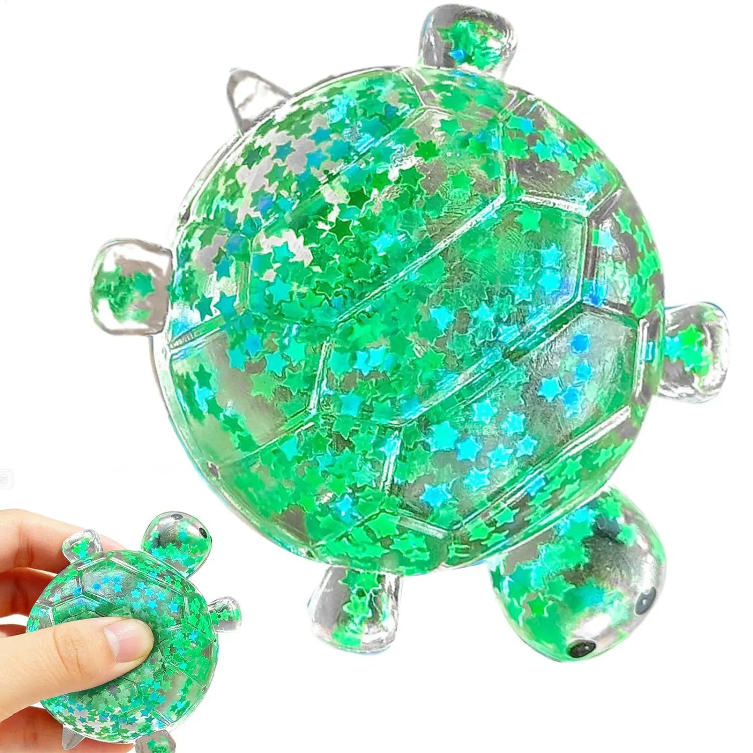 a translucent green turtle shape squeeze toy filled with shimmering star confetti designed as a glitter turtle squeeze toy sensory fidget stress ball