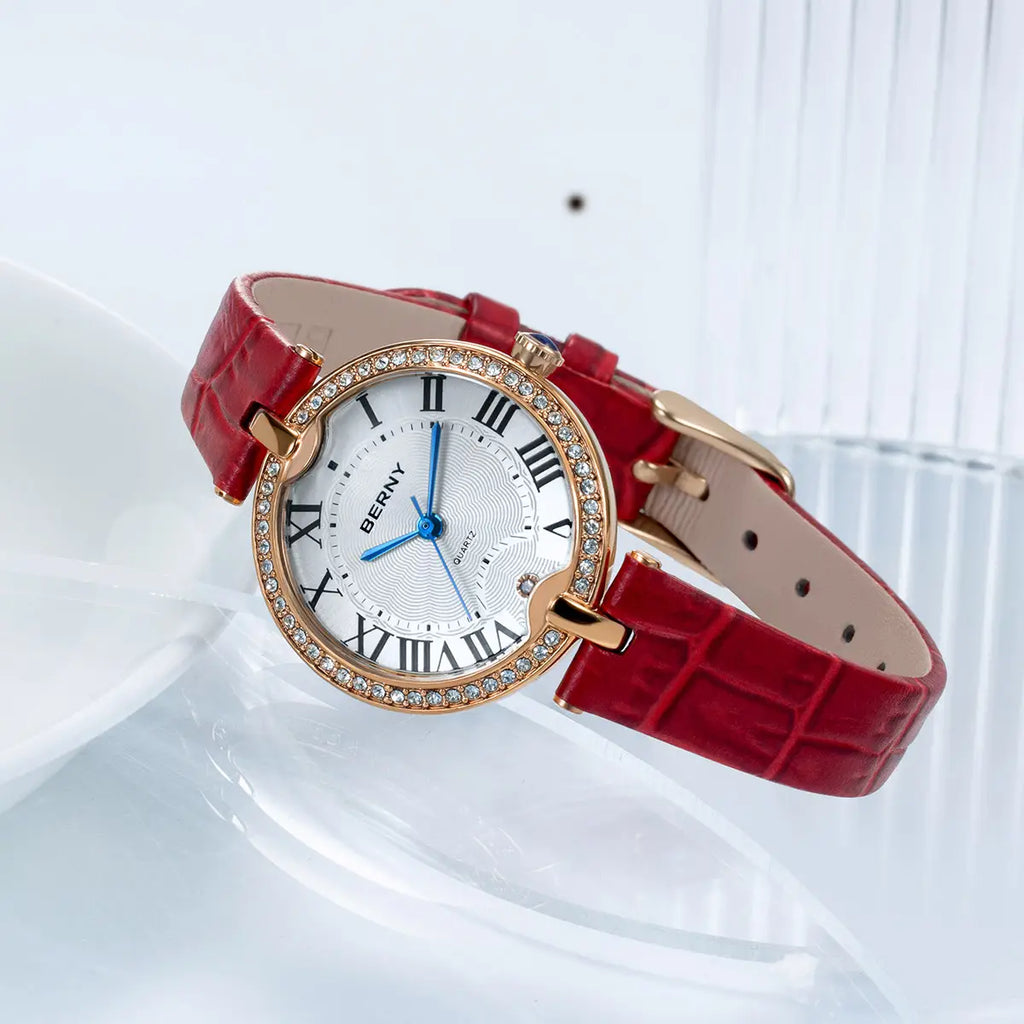 BERNY Women's Watches Luxury Slim Elegant Ladies Dress Quartz Watch Fashion Stones Domed Glass Girls Business Daily Wristwatch