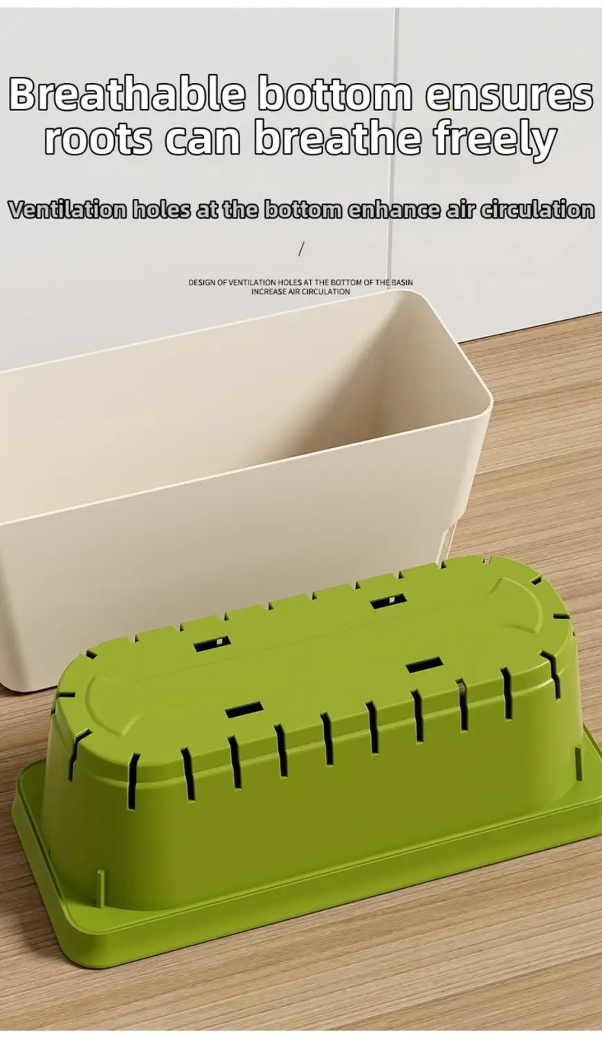 Bac d’arrosage automatique en plastique vert vif, avec des ouvertures de ventilation le long de sa base et une fenêtre de niveau d’eau pour les plantes d’intérieur.