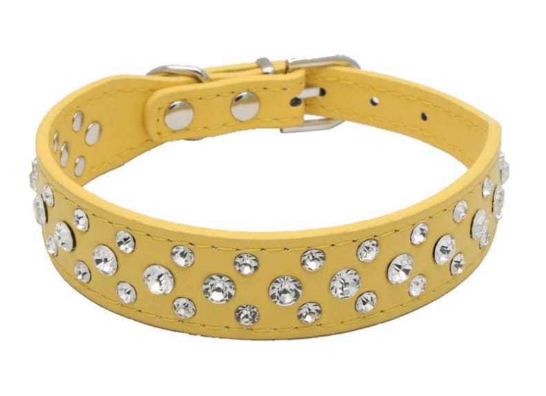 Gelbes Leder-Hundehalsband für kleine Hunde und Katzen, verziert mit klaren Strasssteinen und Metallbeschlägen in Silberoptik