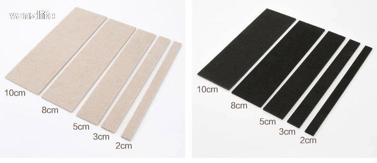 beige und schwarze selbstklebende Filz-Möbelgleiter in unterschiedlichen Längen, 5 mm dicke Fußbodenschoner, ordentlich angeordnet für eine einfache Auswahl