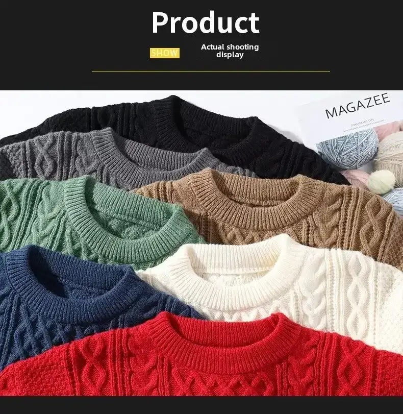 Eine Kollektion von Herren-Zopfmuster-Strickpullovern in verschiedenen Farben, darunter Schwarz, Grau, Grün, Braun, Navyblau, Weiß und Rot, gefertigt aus Strickmaterial für das lässige Winteroutfit.