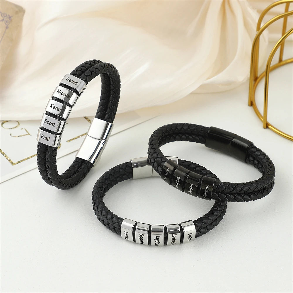 Fathers Day Gift Personalized Men's Leather Bracelet Custom Engraved Kid Names Beads Bracelets for Dad Husband Punk Jewelry Boy