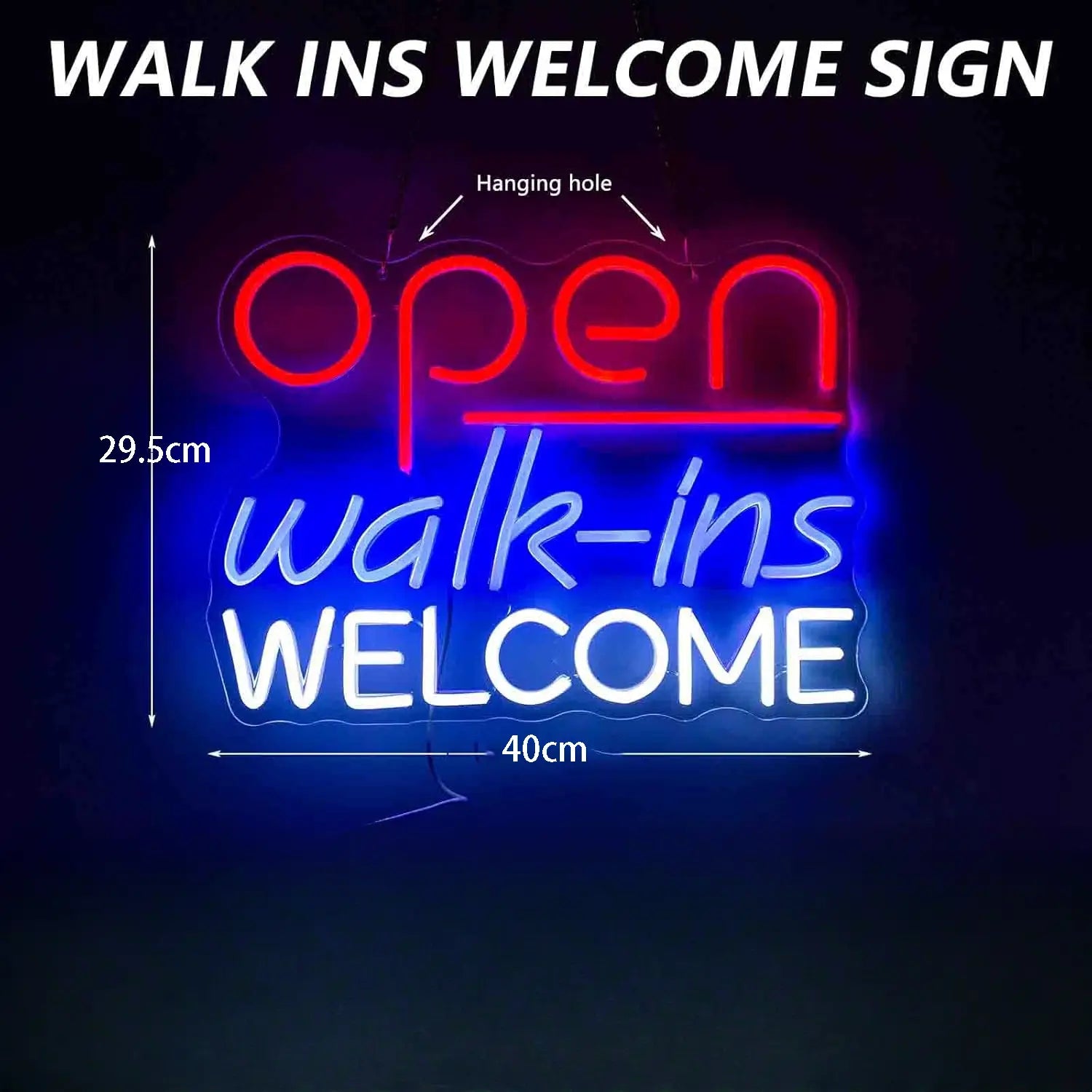 un panneau professionnel lumineux au néon éclatant avec des lettres « ouvert » rouges, « entrées libres » en bleu en écriture cursive et « bienvenue » en blanc en lettres d’imprimerie, idéal pour la décoration d’une salle de jeux.