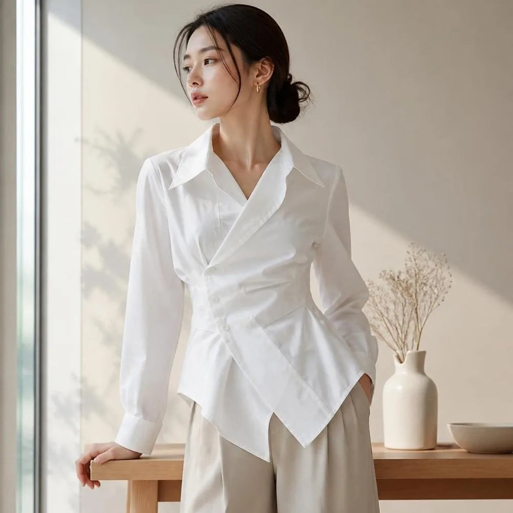 Formal Wear Irregular Long Sleeve Shirt Slim Fit Waist-cinching Women Blouse Elegant V Collar Shirt Top Office