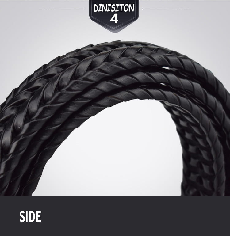 Modèle de ceinture « whip » en cuir tressé noir dinisiton 4, présentant une conception en cuir tressé, adaptée comme accessoire de sangle en cuir de vache décontractée pour hommes.