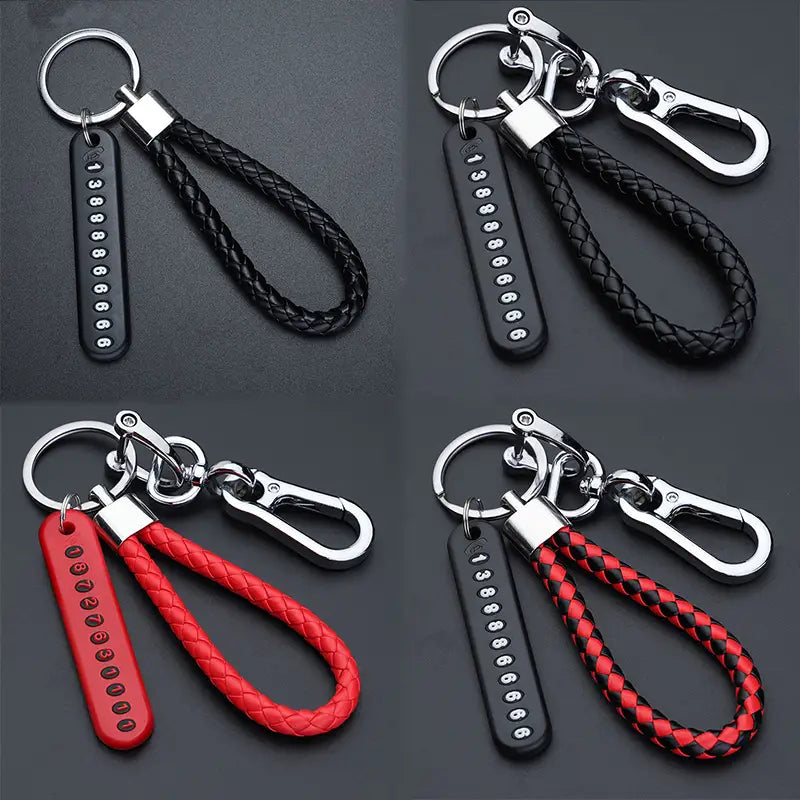 black and red braided leather anti-lost stainless steel car key ring pendant with silver-toned metal hardware and numbered tags