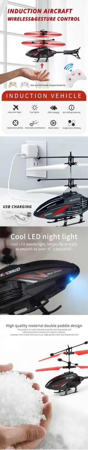 Black and red induction helicopter with led lighting designed for wireless gesture control featuring advanced channel functionality
