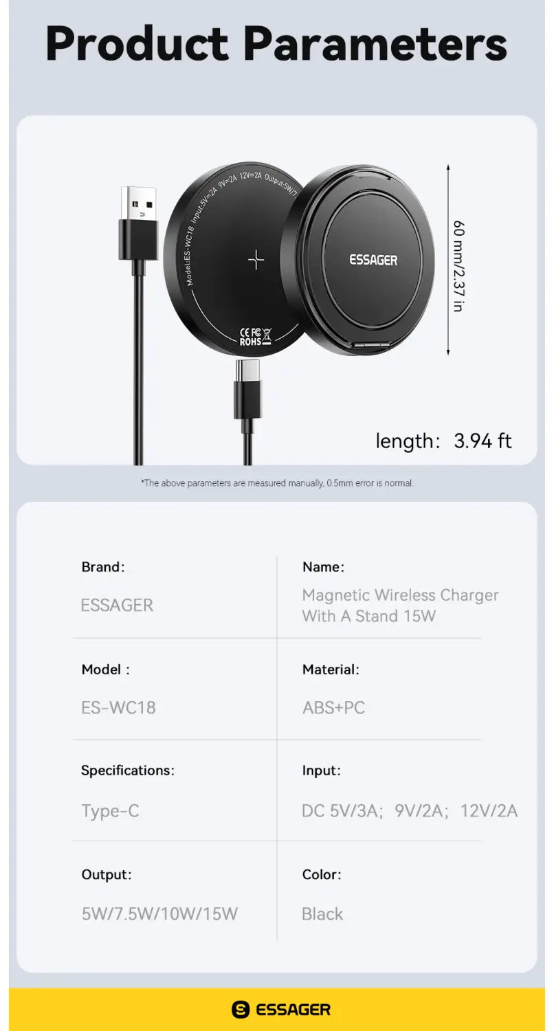 Black circular magnetic wireless charger stand essager model es-wc18 with 15w power delivery for convenient device charging