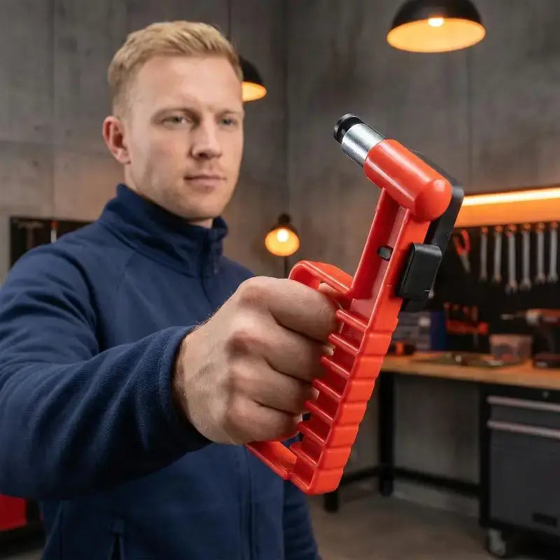red plastic car emergency escape hammer window breaker tool with black and silver metal components for breaking car windows in emergencies