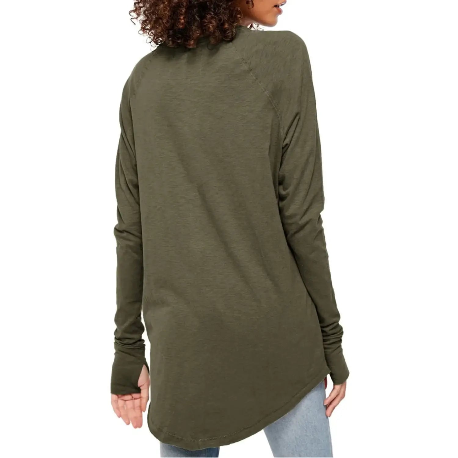 olive green long sleeve cotton tunic top for women with a relaxed fit and asymmetrical hemline featuring a plain pattern type and long sleeve design.