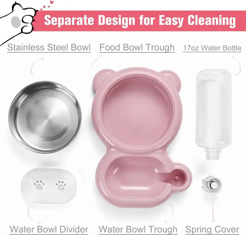 Juego de comedero y bebedero para mascotas con forma de oso en color rosa, fabricado con material resistente para alimentar a las mascotas.