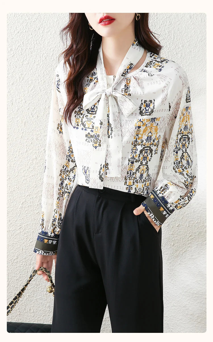 Women's Chiffon Blouses And Shirt Summer Tops Elegant Bow-tie Long Sleeve Casual Blouse Elegant OL Workwear Vintage Print Blusas