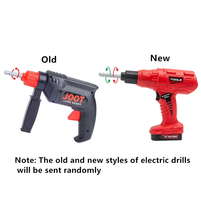 perceuse électrique de jouet en plastique rouge et noir avec outils affichés sur le côté, provenant d’un ensemble de jouets d’outils pour enfants avec perceuse électrique et établi
