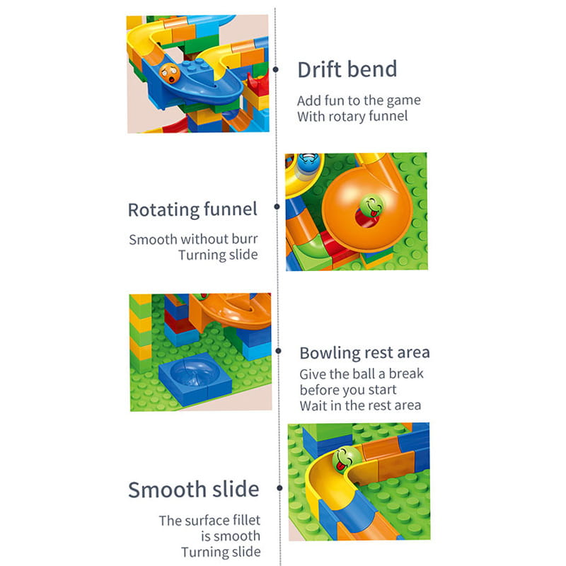 ensemble de piste de circuit de billes en blocs de construction comprenant des composants en plastique colorés bleu, jaune et orange, pour une construction et un jeu créatifs.