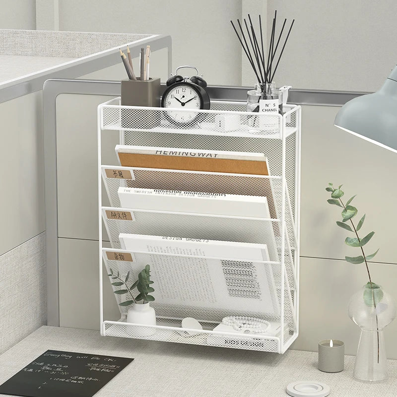 Desk File Organizer Mesh 5-Tier, Hanging Wall Mount Document Organization Stand, Desktop Vertical Mail Paper Folder Holder Rack
