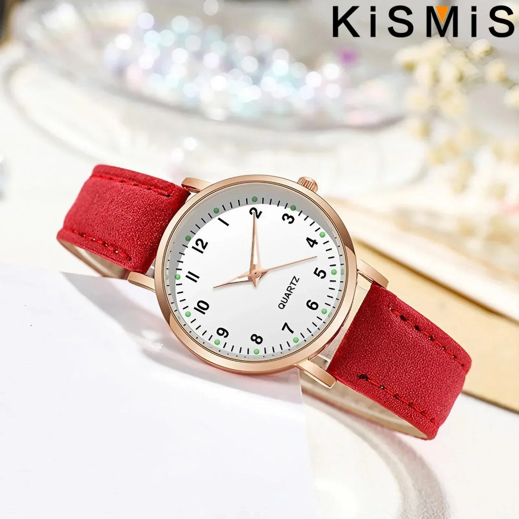 Women Casual Round Quartz Watch Luminous Analog Wristwatch PU Leather Strap for Girls Students