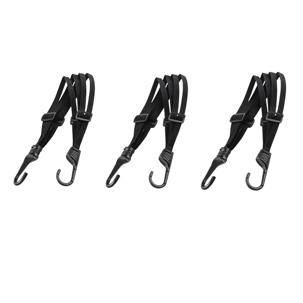 Three black elastic straps with plastic buckles and metal hooks for car trunk organizer cargo fixing