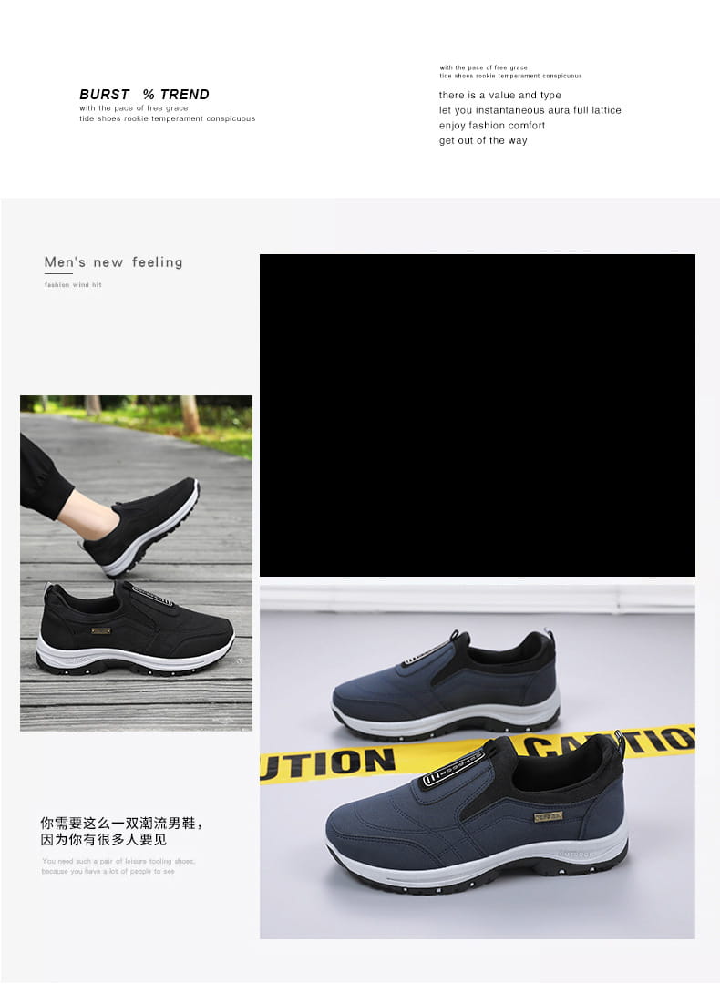 Men orthopedic slip-on walking shoes featuring black and white breathable mesh upper, padded collar for comfort, and a sturdy rubber sole.