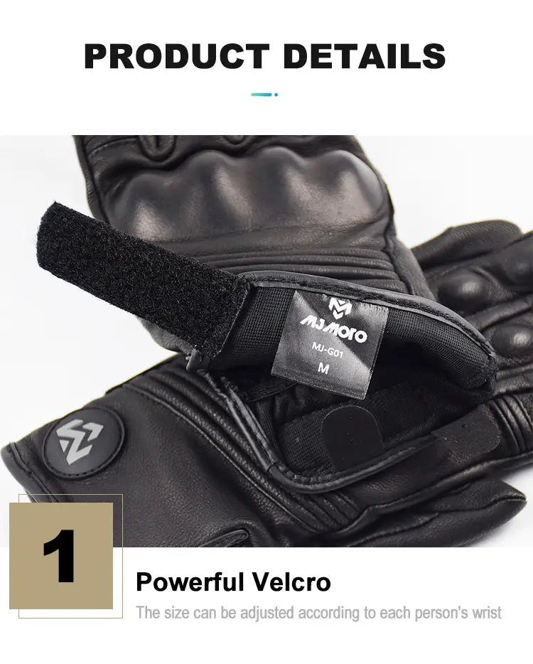 gants de moto en cuir noir pour homme avec un design perforé respirant et une sangle velcro réglable, présentés côté arrière