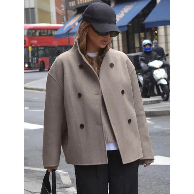 Wool Jacket Coat Women Vintage Woolen Jackets Double Breasted Warm Outerwear Office Lady High Street Overcoat Autumn Winter