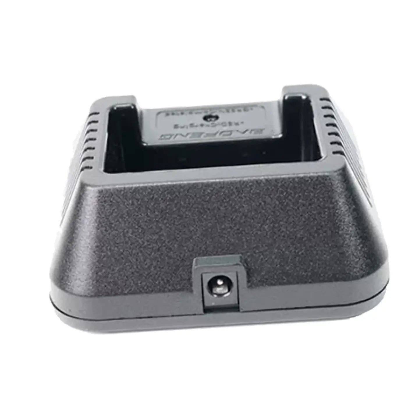 Black plastic uv5r li-ion charger for baofeng walkie talkie featuring a textured grip and ventilation slots.
