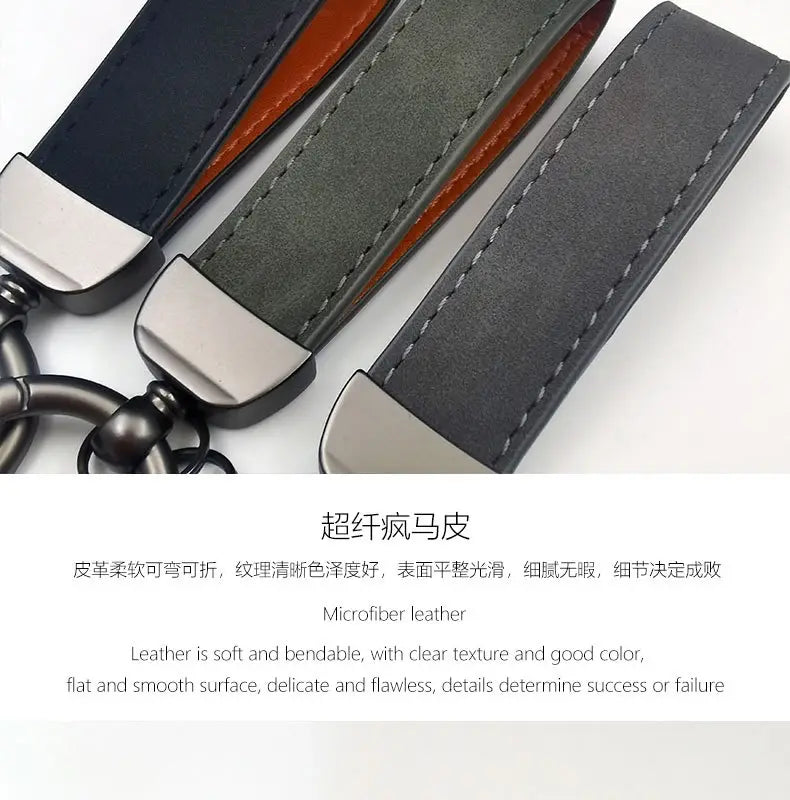 Three genuine leather keychains in navy, olive green with orange lining, and black featuring microfiber leather material and silver-toned metal clasps and rings for car key use.