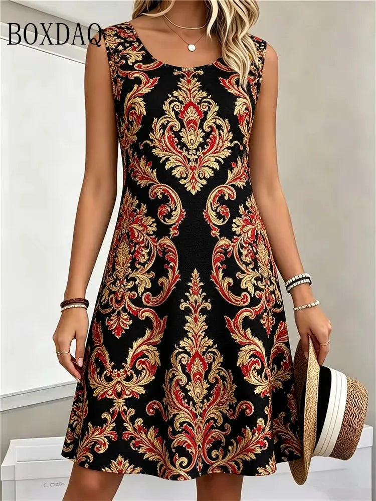 Ethnic Style Pattern Vintage Women's Dresses For 2026 New Summer Clothing Loose Plus Size Casual 3D Print Loose Sleeveless Dress