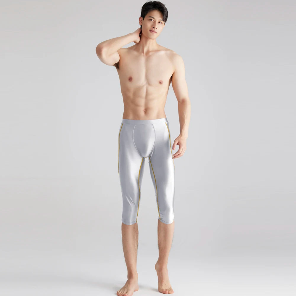 AMORESY-Men's Activewear Shorts, Stretch Cropped Pants, Sports Running Short, Breathable Compression, Shiny Fitness Capris
