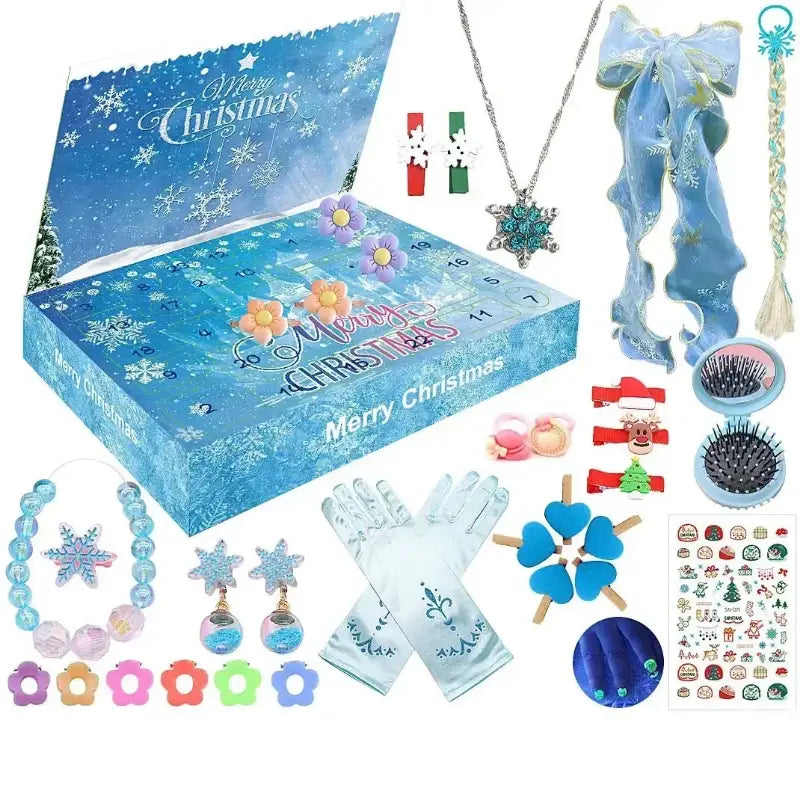 blue christmas-themed advent calendar box with snowflake designs and numbered compartments for the advent calendar girl diy jewelry hairpin set delivered randomly
