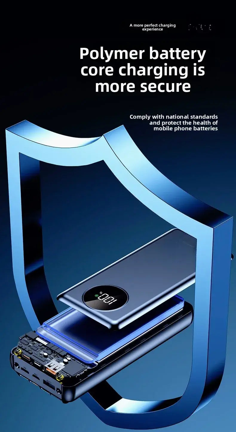Batterie de secours en polymère bleue 20000 mAh, chargeur de téléphone à chargement rapide 120 W, design épuré en forme de bouclier et circuits visibles sur la face inférieure, indiquant une sortie 5 V/2 A.