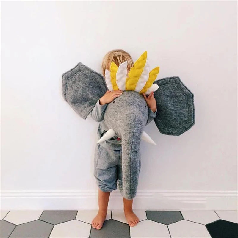 Kids Room Decoration 3D Cartoon Animal Head Wall Hanging Decor Elephant Deer Unicorn Stuffed Toys For Children Bedroom Decor