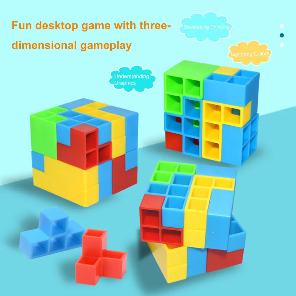 Colorful plastic building block bricks in red blue green and yellow form three-dimensional puzzle structures in the Building Block Balance Tetra Tower Game Set.