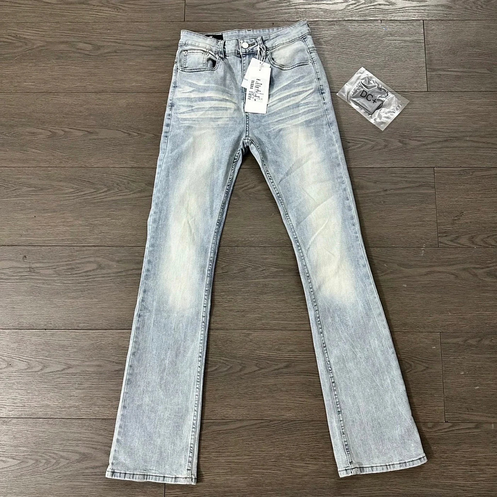 Cleanfit American Style High Street Vibe Distressed Slim Fit Bell Bottom Jeans Men Women Black Grey 517 Denim Pants Autumn