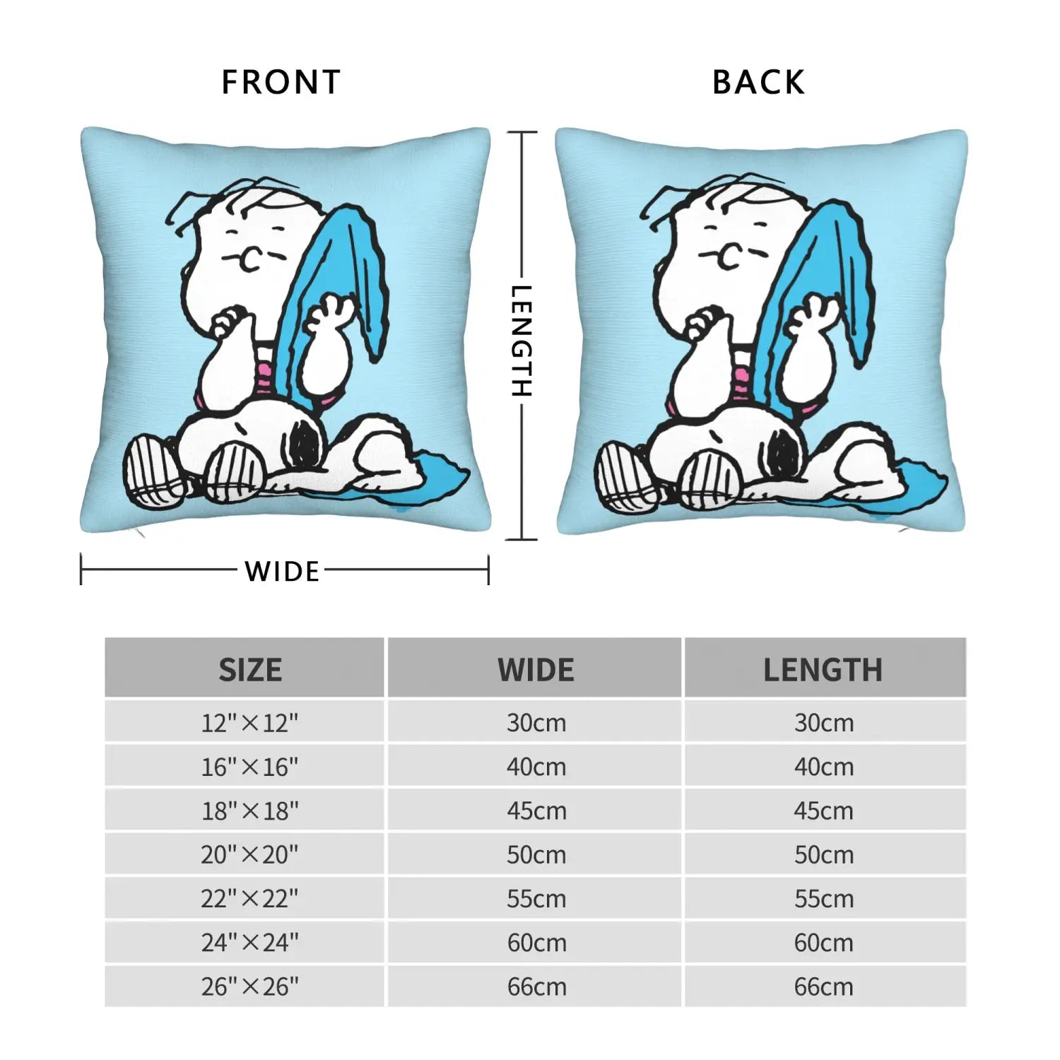 Housse d’oreiller carrée bleu clair comportant une illustration de bande dessinée de Snoopy tenant une serviette de la collection Peanuts pour la Saint-Valentin.