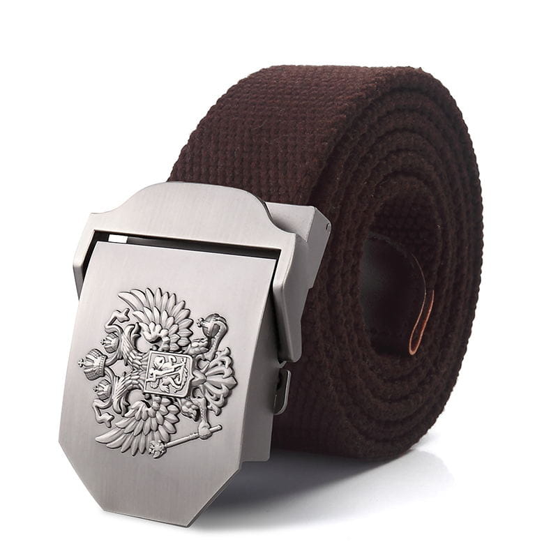 Ceinture tactique en toile brune pour hommes, avec une boucle en métal à finition ton argent, présentant un emblème d’aigle russe en relief.