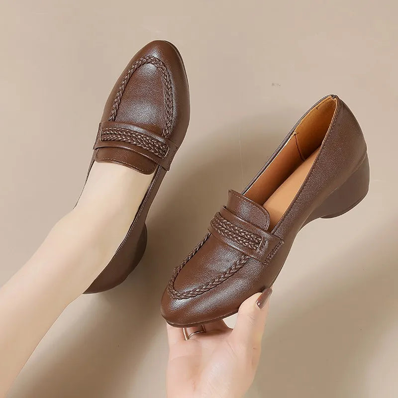 Wedge Loafers for Women Vintage Braided Leather Shoes Elegant Round Toe Pumps Office Lady Work Footwear Casual Slip-on Shoes