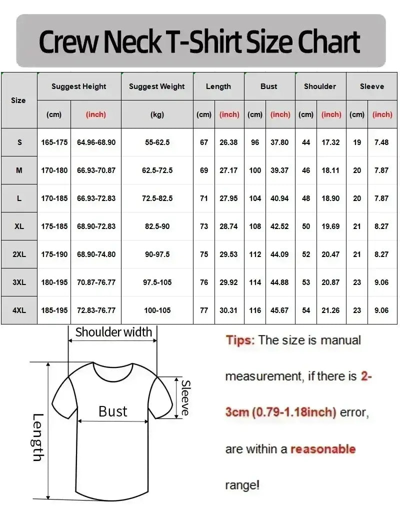 Tabla de tallas de camiseta deportiva de verano unisex con cuello redondo que muestra medidas en centímetros y pulgadas para las tallas S a 4XL.